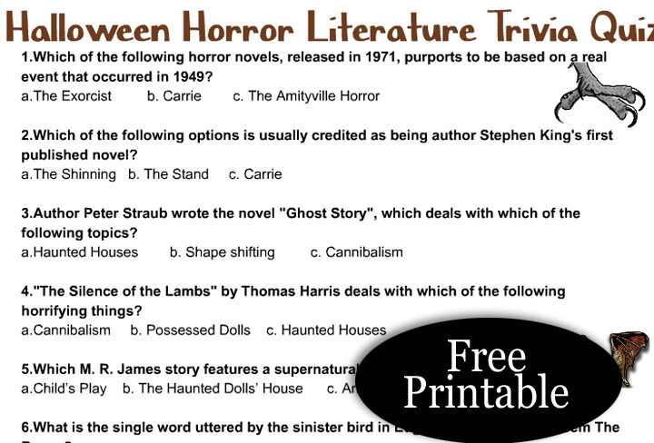Prueba de trivia sobre literatura de terror de Halloween para imprimir gratis