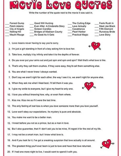 Respuestas del juego de citas de películas de amor.