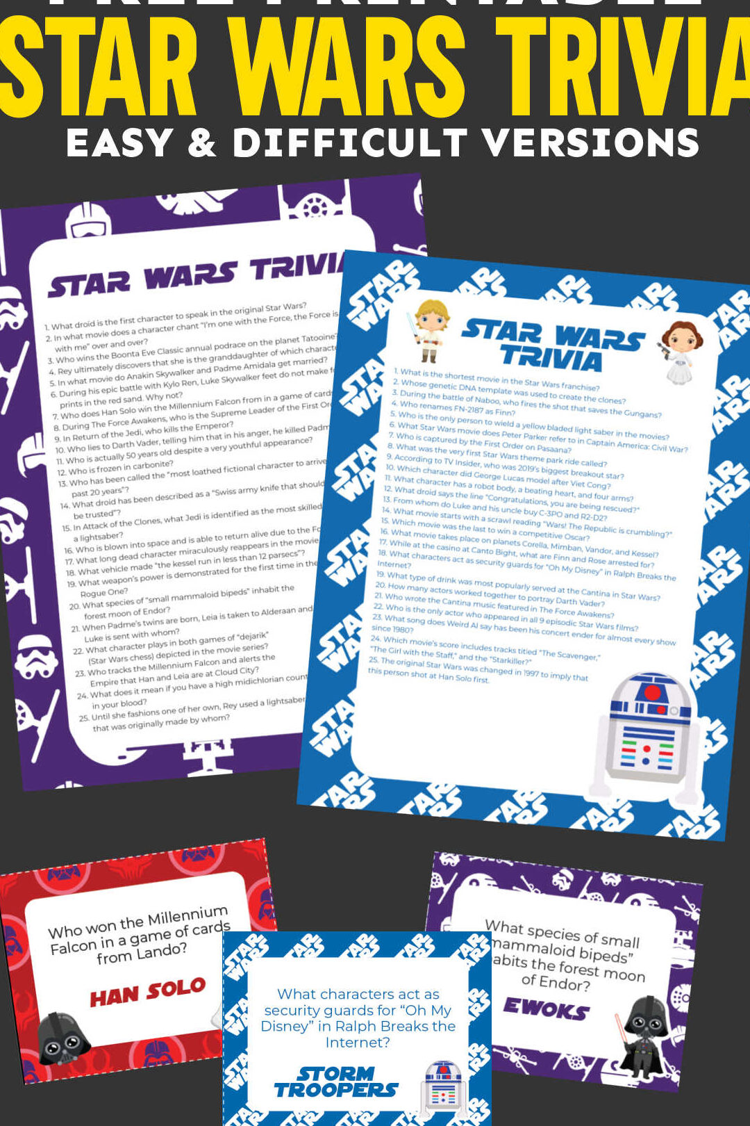 Más de 50 preguntas de trivia y cuestionario imprimible de Star Wars - Play Party Plan